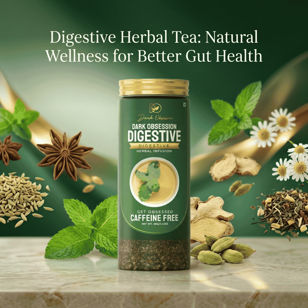 Dark Obsession Digestive Herbal Tea premium herbal infusion product packaging for gut health and digestion support by tea suppliers in India